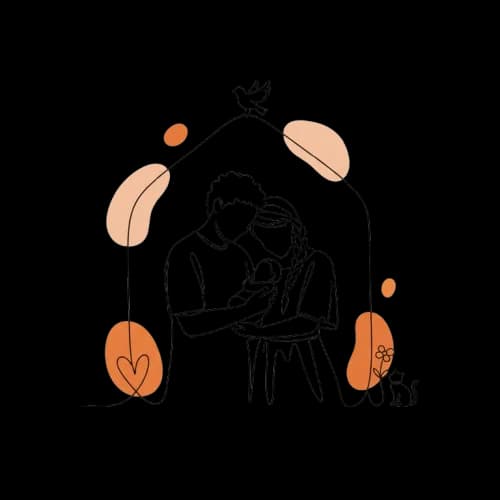 Family illustration: parents holding a baby, with a house outline, bird, heart, cat and flowers